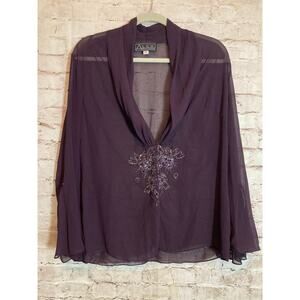 Alex Evenings Top Womens 14 Deep‎ Purple Semi Sheer Open Front Beaded Romantic